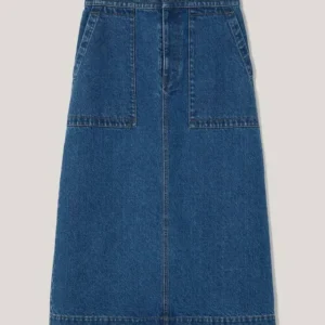 Denim Stitched Waist Midi Vintage Mid Blue Skirt