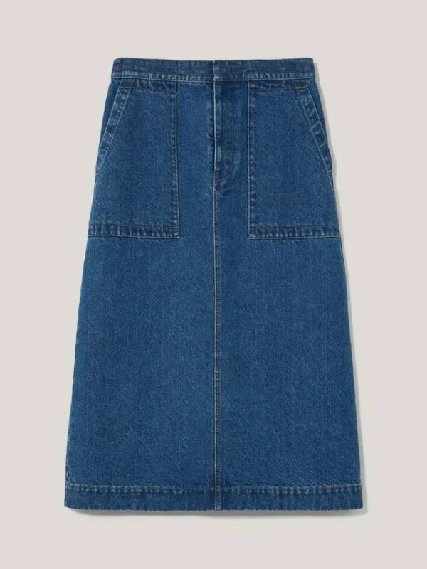 Denim Stitched Waist Midi Vintage Mid Blue Skirt