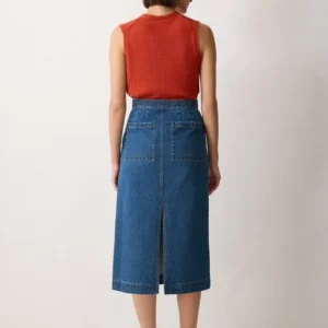 Denim Stitched Waist Midi Vintage Mid Blue Skirt