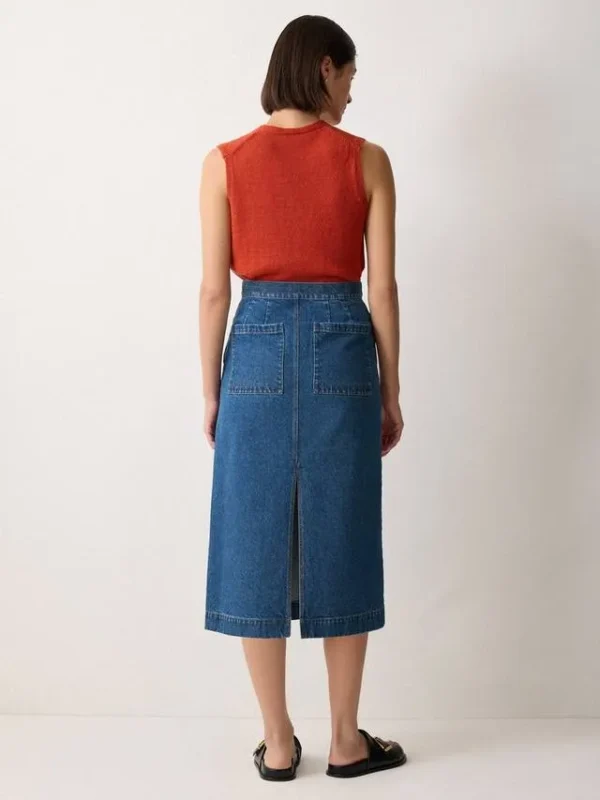Denim Stitched Waist Midi Vintage Mid Blue Skirt
