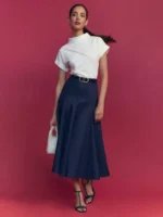 Hobbs Silvia Pleat Midi True Navy Skirt