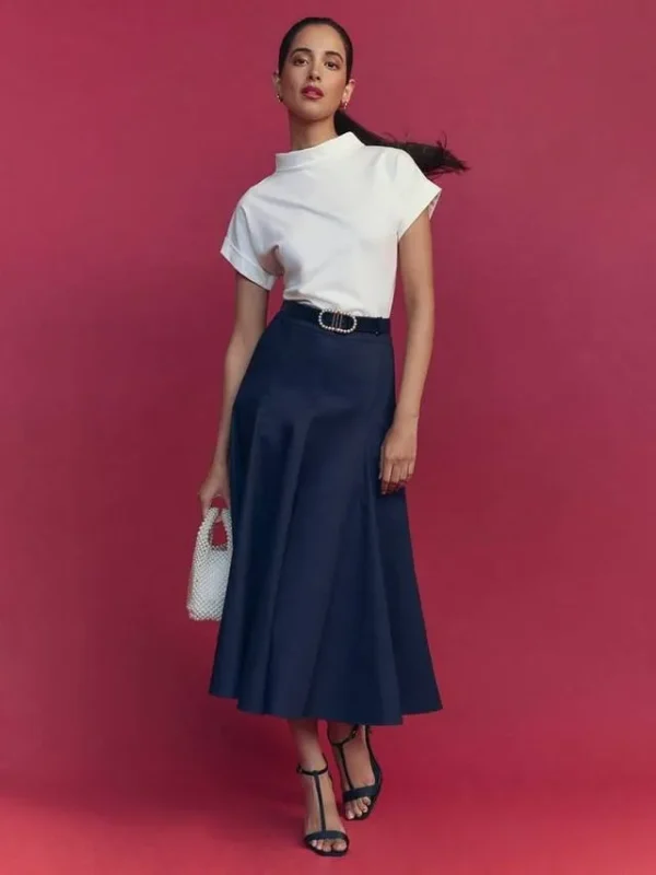 Hobbs Silvia Pleat Midi True Navy Skirt