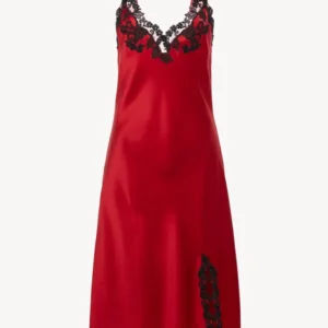 Red Silk Satin Short Nightgown With Frastaglio