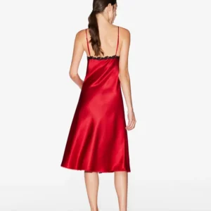 Red Silk Satin Short Nightgown With Frastaglio