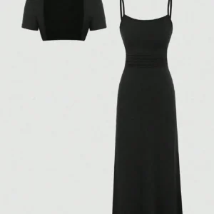 Shein Summer Solid Color Short Sleeve Cardigan And Slip Dress Set
