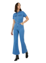 Button Front Detail Flared Denim Jumpsuit