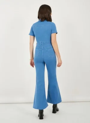 Button Front Detail Flared Denim Jumpsuit