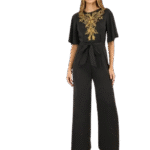 Embroidered Panel Wide Leg Jumpsuit with Tie Belt