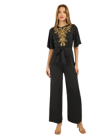 Embroidered Panel Wide Leg Jumpsuit with Tie Belt