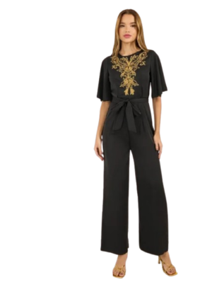 Embroidered Panel Wide Leg Jumpsuit with Tie Belt