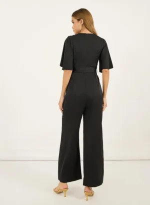 Embroidered Panel Wide Leg Jumpsuit with Tie Belt