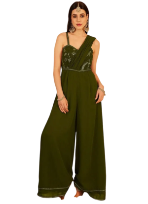 Olive Green Self Design Basic Jumpsuit for Women