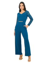 Sleeves Wide Leg Jumpsuit with Chain Accent