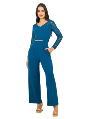 Sleeves Wide Leg Jumpsuit with Chain Accent