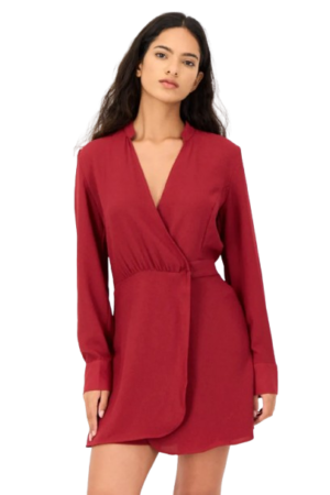 Women Solid Long Sleeves Playsuit Red