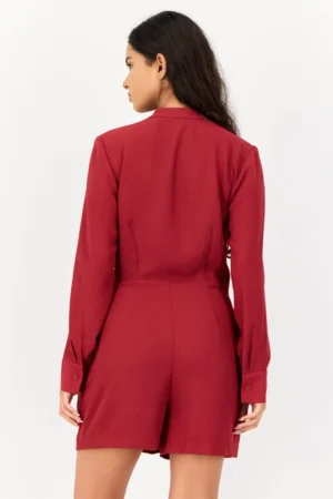Women Solid Long Sleeves Playsuit Red