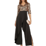 Jacquard V Neck Wide Leg Jumpsuit with Layered Overlay