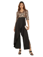 Jacquard V Neck Wide Leg Jumpsuit with Layered Overlay