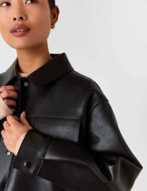 Leather Relaxed Collared Biker Jacket-1