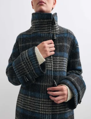 Pure Wool Checked Funnel Neck Duffle Coat-1