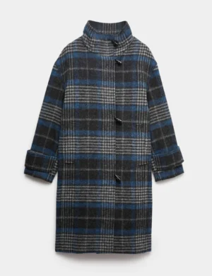 Pure Wool Checked Funnel Neck Duffle Coat