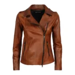 Women’s Leather Asymmetric Biker Jacket in Cognac Brown