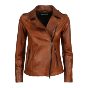 Women’s Leather Asymmetric Biker Jacket in Cognac Brown